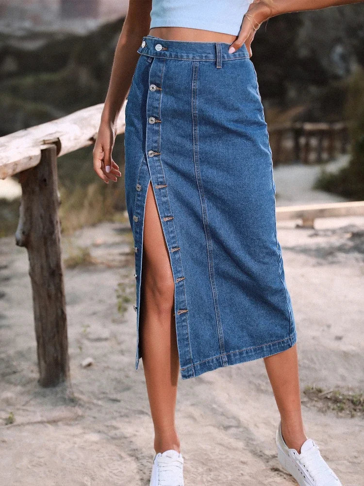 High Waist Denim Side Slit Skirt