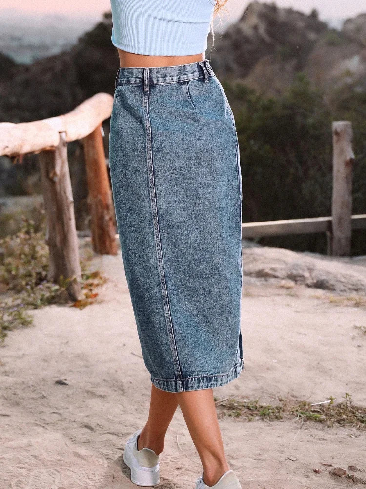 High Waist Denim Side Slit Skirt