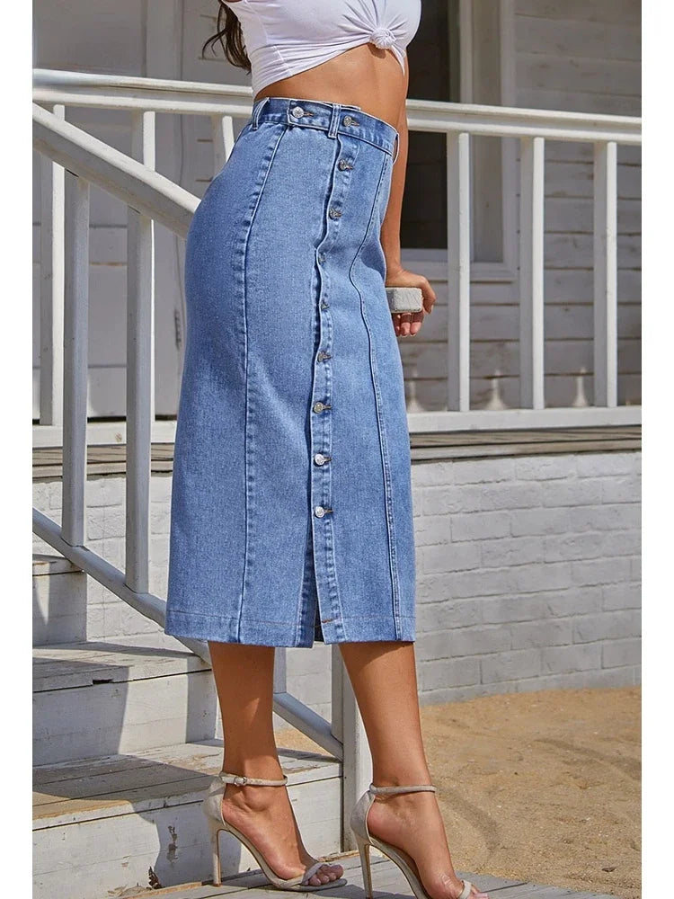 High Waist Denim Side Slit Skirt